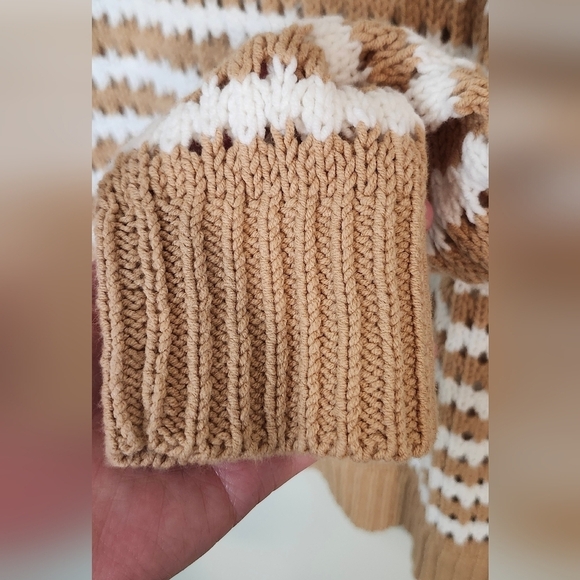 LOFT Sweater Women's M Tan White Striped Open Weave Cotton Blend Long Sleeve - Picture 5 of 5